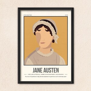 May include: A minimalist poster featuring a portrait of Jane Austen, a famous English novelist. The poster has a yellow background and the text "Jane Austen" in black. The quote "I declare after all there is no enjoyment like reading!" is also included in black text.