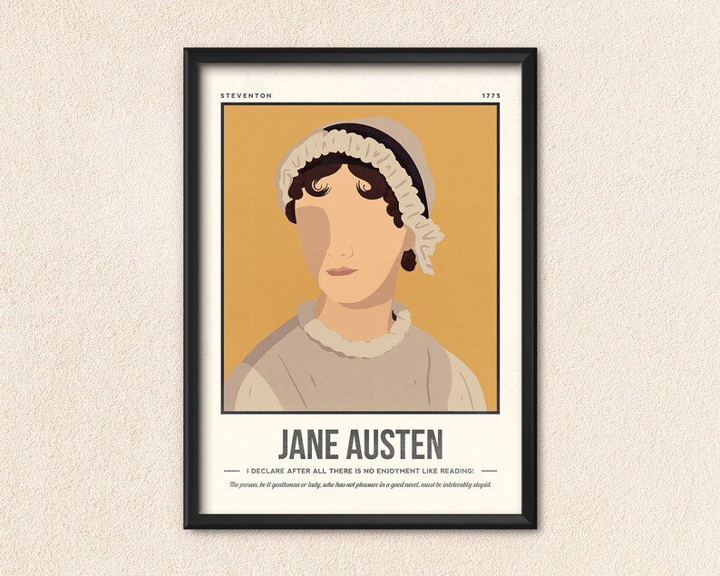 May include: A minimalist poster featuring a portrait of Jane Austen, a famous English novelist. The poster has a yellow background and the text "Jane Austen" in black. The quote "I declare after all there is no enjoyment like reading!" is also included in black text.