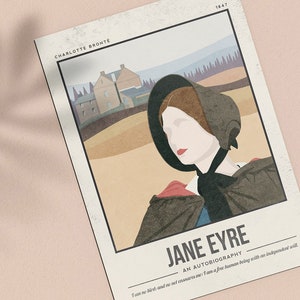 May include: A vintage-style poster featuring a portrait of Jane Eyre, the protagonist of Charlotte Bront&euml;'s novel. The poster has a brown background with a depiction of a house in the distance. The text on the poster reads "Jane Eyre, An Autobiography, I am no bird, and no net ensnares me: I am a free human being with an independent will."