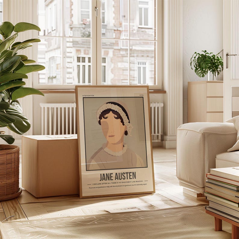 May include: A framed poster featuring a minimalist illustration of Jane Austen, with a quote from her novel "Persuasion." The poster is in a light wood frame and is sitting on a wooden floor in a living room setting.