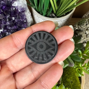 May include: A black, circular stone with an eye design. The eye is in the center, surrounded by radiating lines. The stone is held in a hand, with a background of plants and crystals.