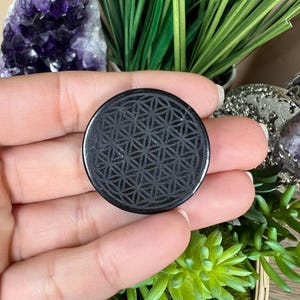 May include: A black, round stone with a geometric flower of life pattern. The stone is held in a hand, with a background of green plants and purple amethyst crystals. The stone is approximately 2 inches in diameter.