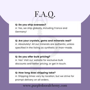 May include: A purple and white graphic with the text "F.A.Q." in black. The graphic contains four sections with questions and answers about shipping, authenticity, bulk pricing, and shipping times. The graphic also includes the website address "www.purpledooralchemy.com".