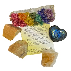 Creativity Intention Set with Sage, Citrine, Heart Labradorite Crystal Gift Set for Manifestation & Energy Healing