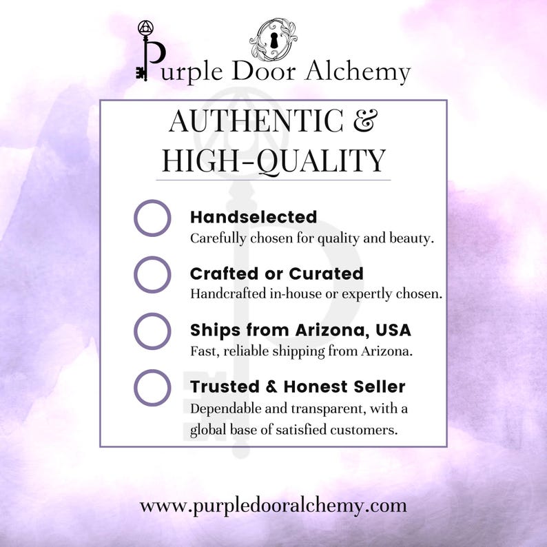 May include: Purple Door Alchemy logo with the text "Authentic & High-Quality" and a list of four bullet points describing the company's commitment to quality, craftsmanship, shipping, and customer service.