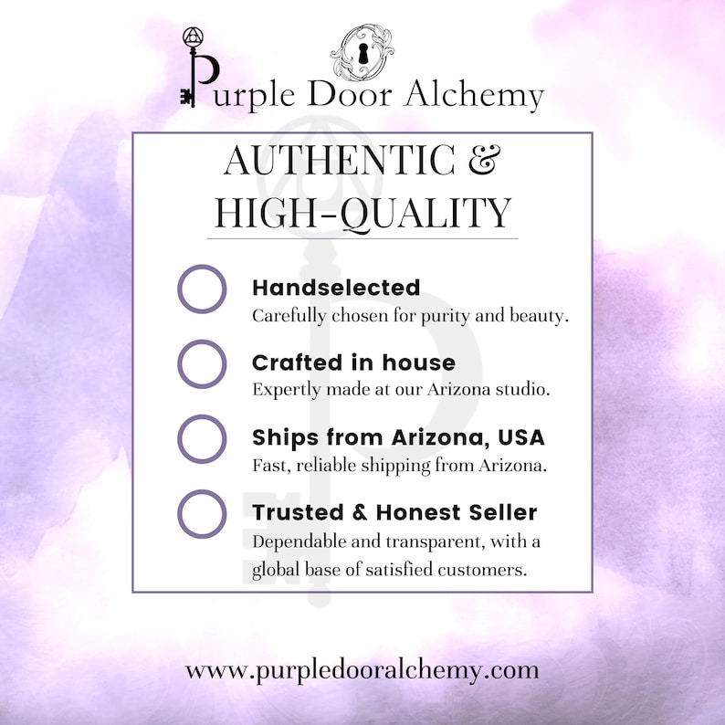May include: Purple Door Alchemy logo with the text "AUTHENTIC & HIGH-QUALITY". Four bullet points with checkboxes describe the company's commitment to hand-selected, crafted in house, ships from Arizona, USA, and trusted & honest seller.
