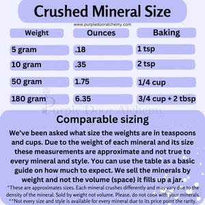 May include: A chart showing the weight of crushed minerals in grams and ounces, and the corresponding volume in teaspoons and cups. The chart is on a purple background with white text. The text "Crushed Mineral Size" is at the top of the chart. The text "Comparable sizing" is below the chart.