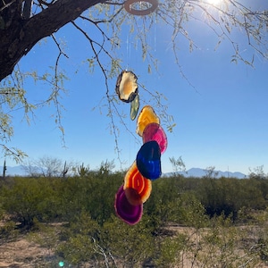 May include: A rainbow agate crystal wind chime hanging from a tree branch. The chime features six agate slices in shades of red, orange, yellow, green, blue, and purple.