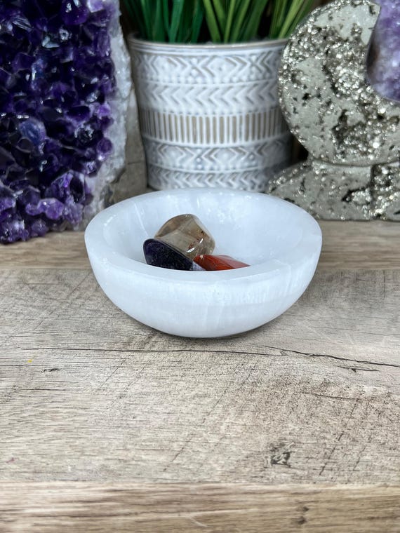 Round Selenite Bowl: 4 inch Crystal Cleansing Jewelry Trinket Dish