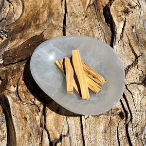 May include: A collection of light brown Palo Santo sticks rests in a smooth, oval, gray stone bowl. The bowl sits on a weathered, textured wooden surface, creating a natural and earthy aesthetic. The Palo Santo sticks are a light brown color.
