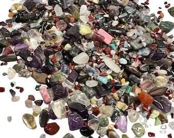 May include: A large collection of colorful, mixed-shaped, and sized tumbled stones. The stones are a variety of colors, including red, green, blue, purple, and brown.