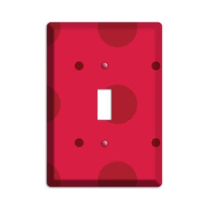 May include: A red light switch cover with a polka dot pattern. The dots are various sizes and shades of red.
