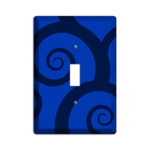 May include: A blue light switch cover with a dark blue swirl pattern.
