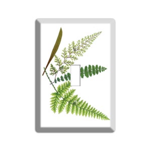 May include: White light switch cover featuring a botanical design of green ferns and leaves. The artwork includes detailed illustrations of various fern fronds and foliage, creating a natural and decorative accent for any room.