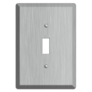 May include: A brushed stainless steel single-gang wall plate with a single switch opening.