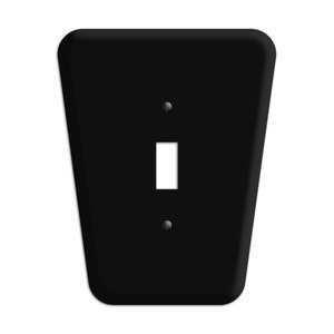 May include: Black single-gang wall plate with a single toggle switch opening. The plate has rounded edges and a slightly curved shape.