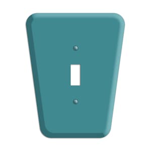 May include: A teal blue single-gang light switch wall plate with rounded edges.