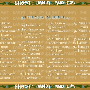 May include: A yellow and brown illustrated card with the text "Ghost Dandy and Co." at the top and bottom. The card lists 40 phrases, including "Hello", "Goodbye", "I need help", "I'm okay", "Where is the toilet", "I need to leave", "I need to rest", "I need to stop", "I love you", and "I appreciate you". The card also includes the text "Want a custom phrase? Contact me for information!"