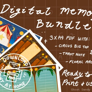 May include: A digital memo bundle with three printable designs: a circus big top, a tarot note, and a floral arch. The designs are ready to print and use. The image includes a download and print at home logo.