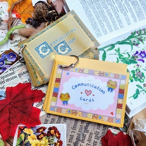 May include: Two sets of communication cards with a whimsical frog design. The cards are bound together with a ring and have a yellow and pink color scheme. The text on the cards reads "Communication Cards".