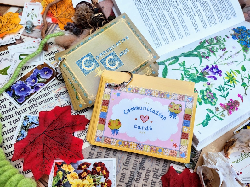 May include: Two sets of communication cards with a whimsical frog design. The cards are bound together with a ring and have a yellow and pink color scheme. The text on the cards reads "Communication Cards".