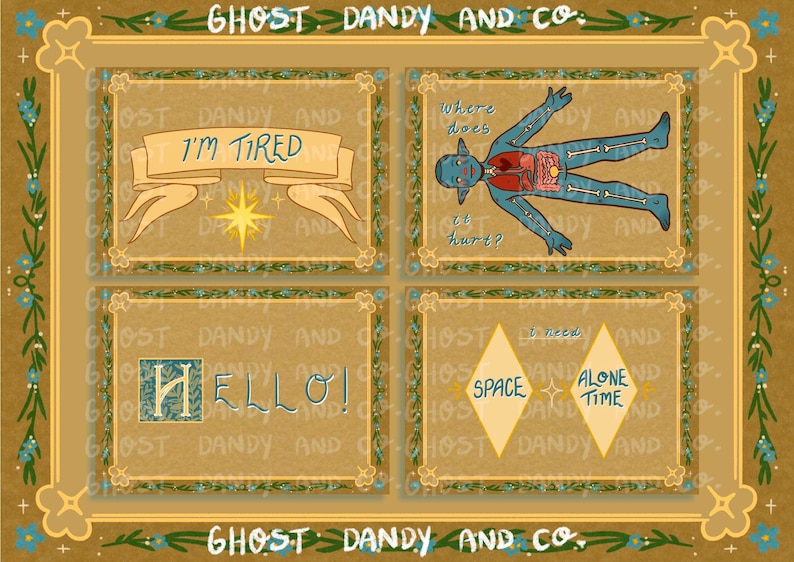 May include: Four illustrated cards with gold frames and floral borders. The cards feature the text "I'm Tired", "Where does it hurt?", "Hello!" and "I need space and alone time".