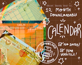 May include: A digital download for a 12-month calendar with a colorful, retro design. The calendar is undated and features a variety of illustrations, including a rainbow, stars, and fruit. The text "Ghost Dandy And Co." and "Downloadable Calendar" is included in the image.
