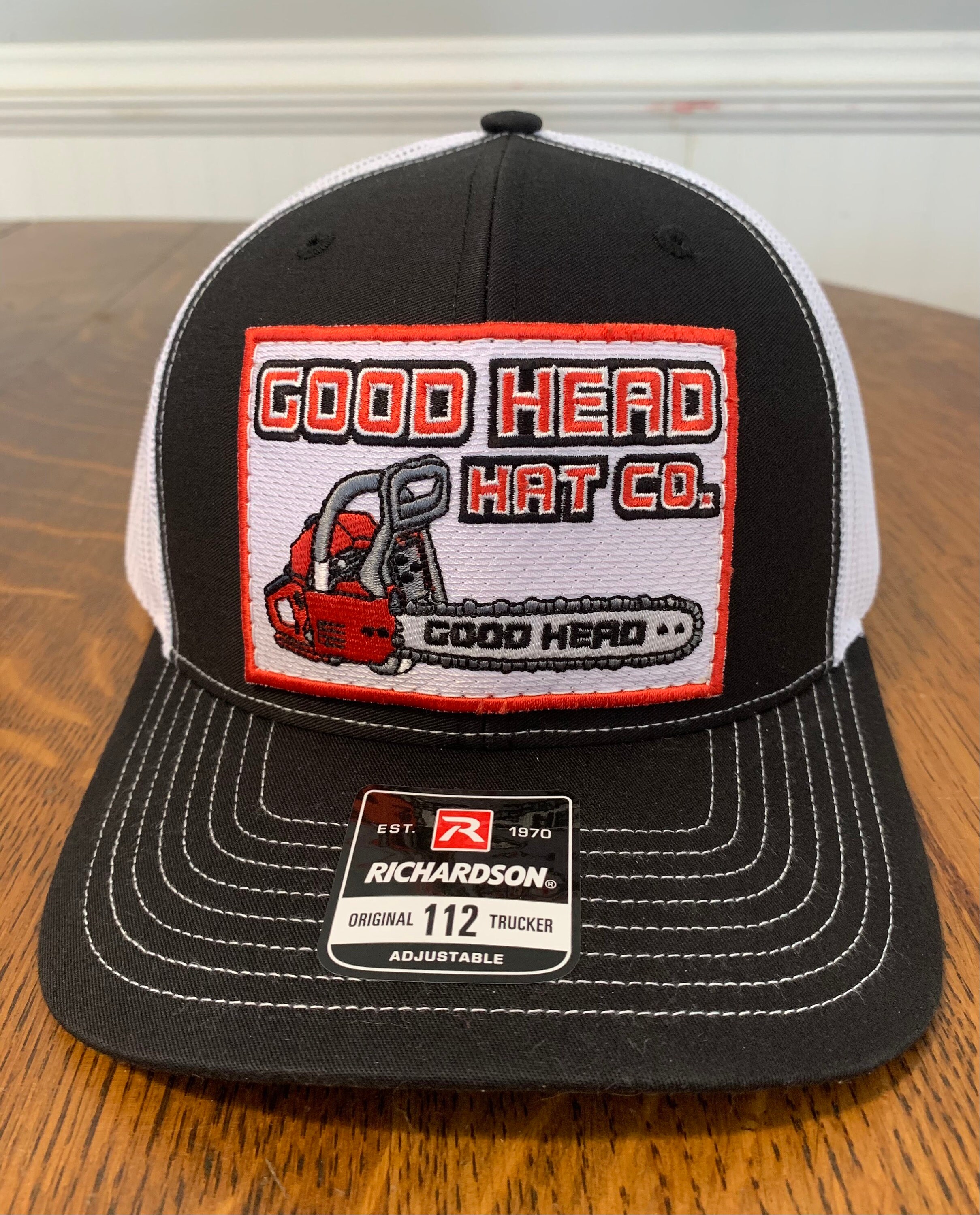 Good Head Hat Co Chainsaw Patch sewn on the new Richardson Etsy