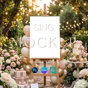 Wedding Easel Sign Mockup, Romantic Floral Welcome Poster Template (Canva, PSD)