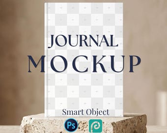 Minimal Journal Mockup, PSD Smart Object, Stone Pedestal Stationery Display Scene