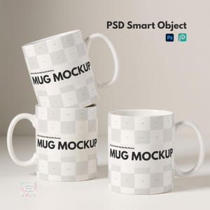 May include: Three white ceramic mugs featuring a light gray checkerboard pattern and the black text MUG MOCKUP. The mugs are arranged with one positioned above two others. The top right corner displays the text PSD Smart Object with Ps and P icons.