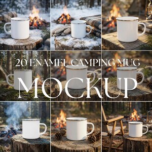 Puede incluir: Tazas de camping de esmalte blanco con bordes plateados se muestran sobre tocones de árboles en un entorno forestal. Las tazas se muestran en varias escenas al aire libre con fogatas y elementos naturales. El texto "20 ENAMEL CAMPING MUG MOCKUP" está superpuesto.