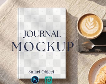 Cozy Coffee Flat Lay Book Mockup, Hardcover Journal Mockup, PSD Smart Object