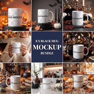 May include: A digital bundle of eight white ceramic mugs featuring a light gray checkered pattern and the text MUG MOCKUP. The mugs are displayed in various seasonal settings, including autumn-themed decor with pumpkins and candles.