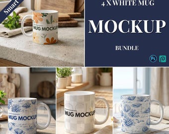 4X Ceramic 11oz Mug Mockup Bundle, Summer Vibe Kitchen Scene (Digital Download)