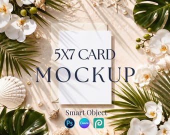 Tropical Wedding Invitation Mockup 5x7, Beach Stationery Display (PSD, Canva Template)