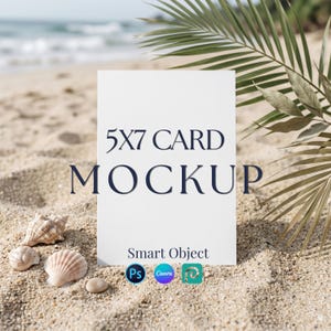 May include: A vertical 5x7 card mockup with a white surface featuring the text 5X7 CARD MOCKUP and Smart Object in dark blue. Below the text are three small circular icons for Photoshop, Canva, and a third design software application.