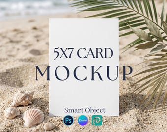 5x7 Beach Invitation Mockup, Coastal Wedding Display (PSD, Canva Tempalte)