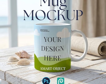 Full Wrap White 11oz Ceramic Mug Mockup, Coastal Beach & Kitchen Scene Templates, Smart Object