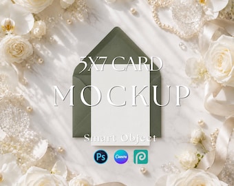 5x7 Wedding Invitation Mockup, Luxury White Rose Marble Flat Lay (Canva, PSD Template)