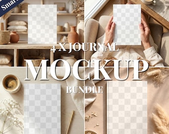 4x Boho Style Journal Mockup Bundle Canva and PSD Template, Book Display Scene Layout