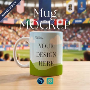 May include: A white ceramic mug featuring a printed landscape design with green hills, a light blue sky, and white clouds. The text 'YOUR DESIGN HERE' is printed in black in the center. The mug has a curved handle and a smooth, glossy finish.