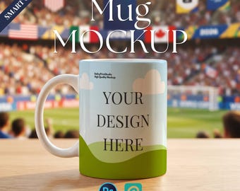 11oz Ceramic Mug Mockup, Football Fan Gift, PSD Templates and Smart Object