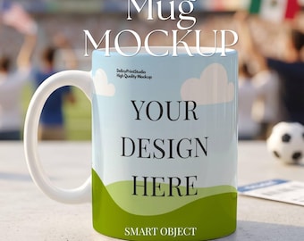 White 11oz Ceramic Mug Mockup, Soccer Fan Gift, PSD Templates and Smart Object