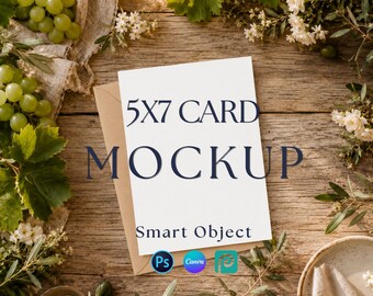 5x7 Wedding Invitation Mockup, Mediterranean Stationery Layout (Canva, PSD Template)