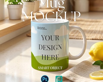 White 11oz Ceramic Mug Mockup, Kitchen Coffee Cup PSD Template (Digital Download)