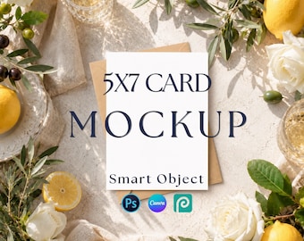 5x7 Wedding Invitation Mockup, Luxury White Rose Marble Flat Lay (Canva, PSD Template)