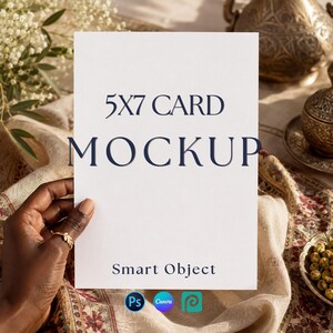 May include: A white 5x7 card mockup featuring the text 5X7 CARD MOCKUP and Smart Object in dark blue font. The card is held upright, displaying a clean surface for design placement, with small Photoshop, Canva, and logo icons at the bottom.