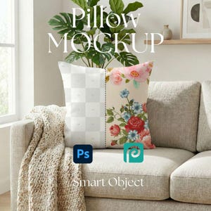 May include: Pillow mockup with a floral design. The pillow features a checkered pattern on the left and a colorful floral print on the right, with pink, red, and blue flowers. The text "Pillow MOCKUP" is at the top, and "Smart Object" is at the bottom.