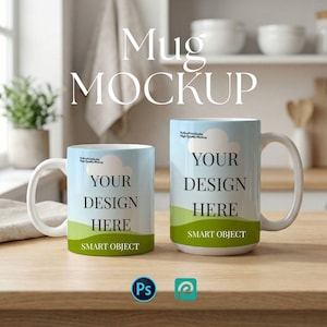Può includere: Due tazze in ceramica bianca con un design cielo e erba, con il testo "YOUR DESIGN HERE" e "SMART OBJECT". Le tazze sono su una superficie di legno, con le parole "Mug MOCKUP" sullo sfondo.
